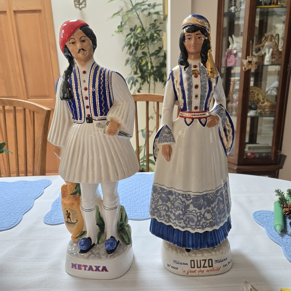 Pair Vintage Greek Metasca Ouzo Porcelain Bottles